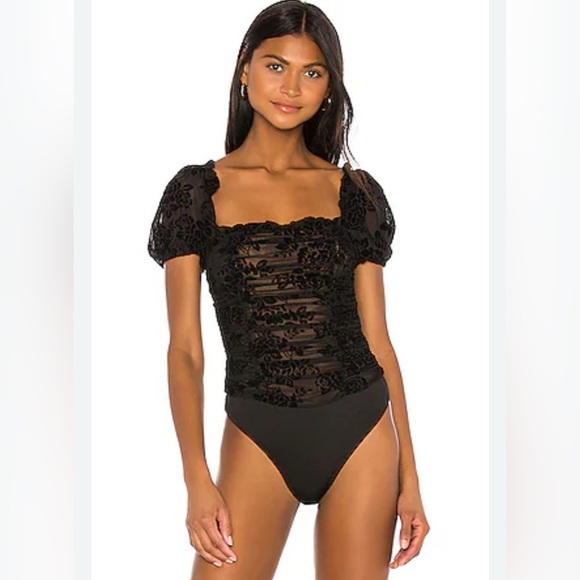 MARJORELLE Revolve S BK CHEEKY Julius Velvet Burnout Thong Bodysuit Puff Sleeve - Picture 3 of 11